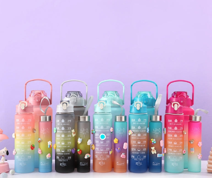 Kit da Garrafa de Água Squeeze Motivacional Com Adesivos 300ML+900ML+2000ML