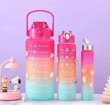 Kit da Garrafa de Água Squeeze Motivacional Com Adesivos 300ML+900ML+2000ML